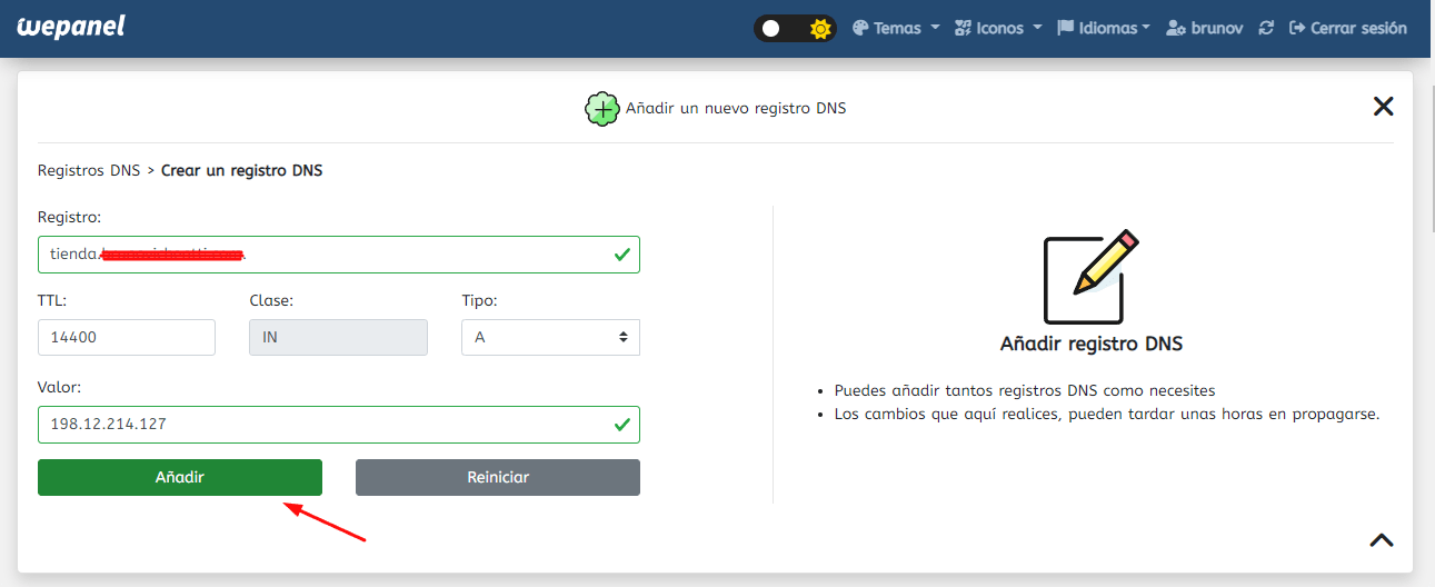 editar zona de dns para que un subdominio apunte a otro hosting externo