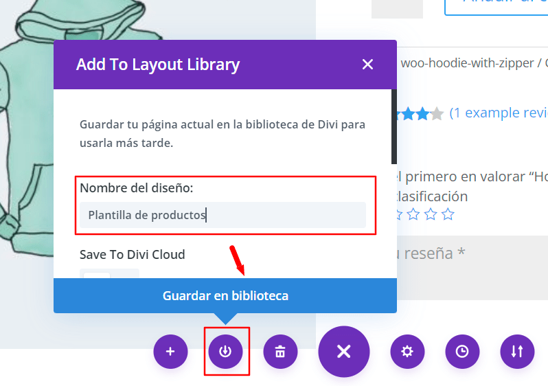 guarda en biblioteca diseño de productos con divi