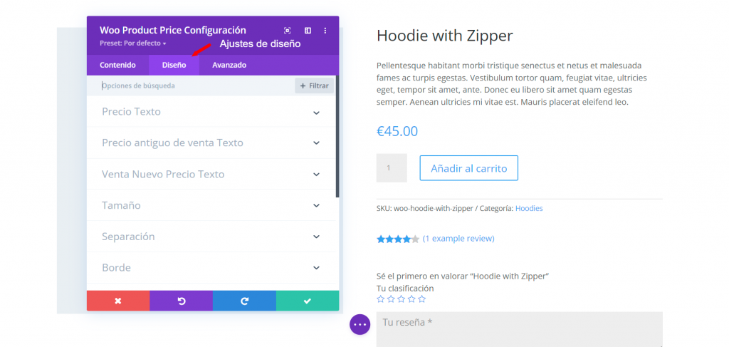 modificar diseño de precio de producto con Divi