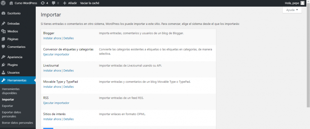 importar contenido en WordPress