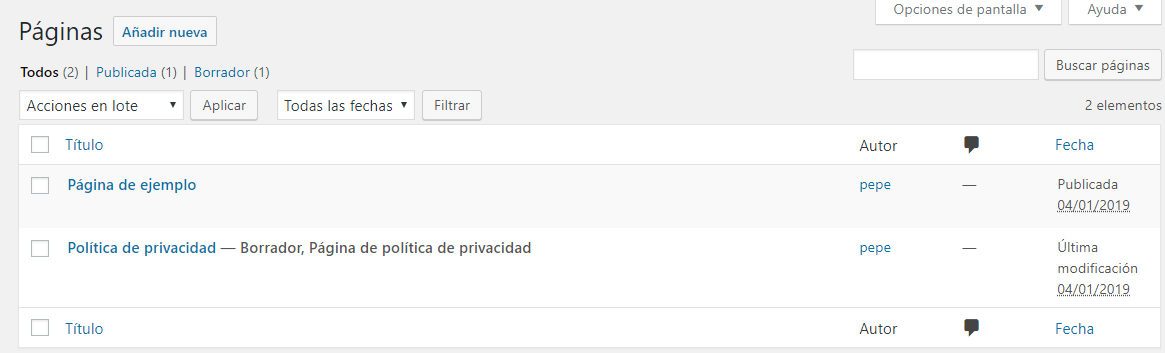 todas las páginas desde el escritorio de WordPress