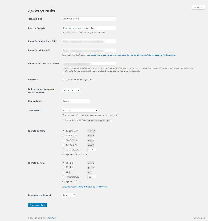 opciones generales de nuestro WordPress