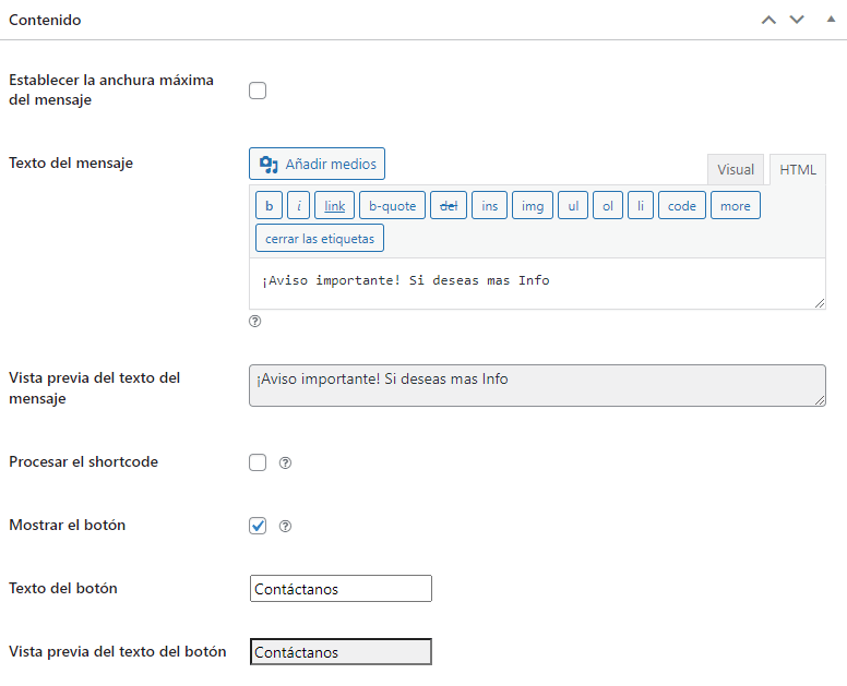 contenido de la barra de notificaciones en WordPress