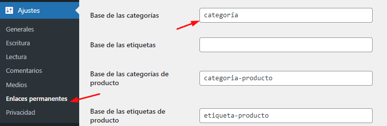 cambiar enlace permanente en WooCommerce