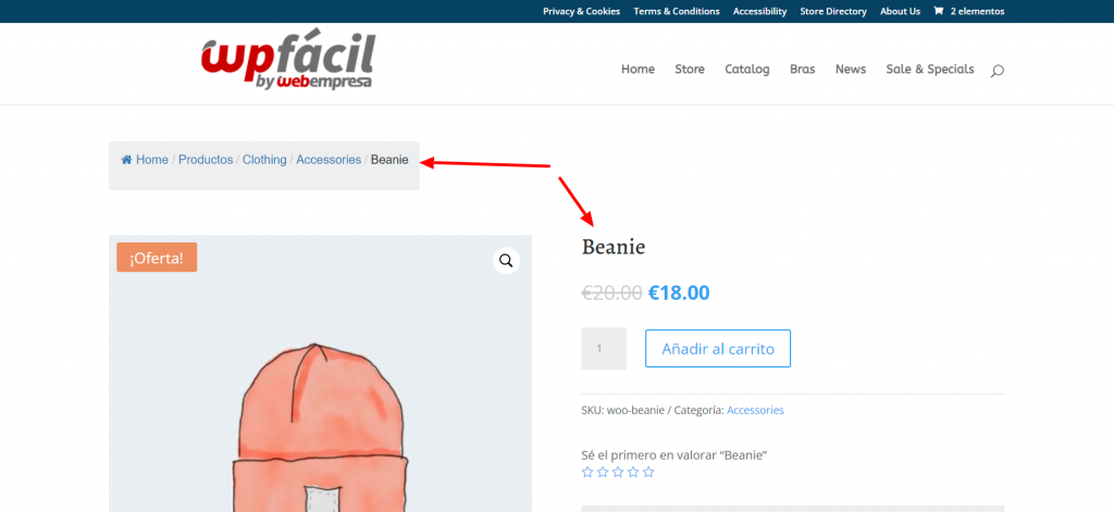 breadcrumbs en productos de woocommerce con divi