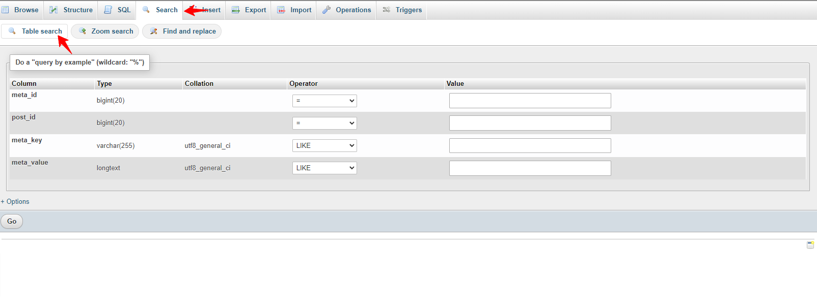 buscar table en phpmyadmin