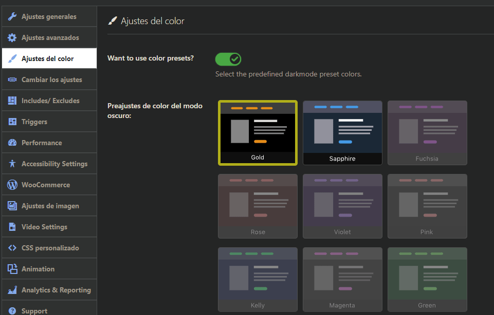 ajustes modo oscuro WordPress opciones