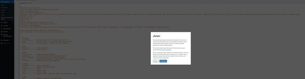 aviso del editor de WordPress