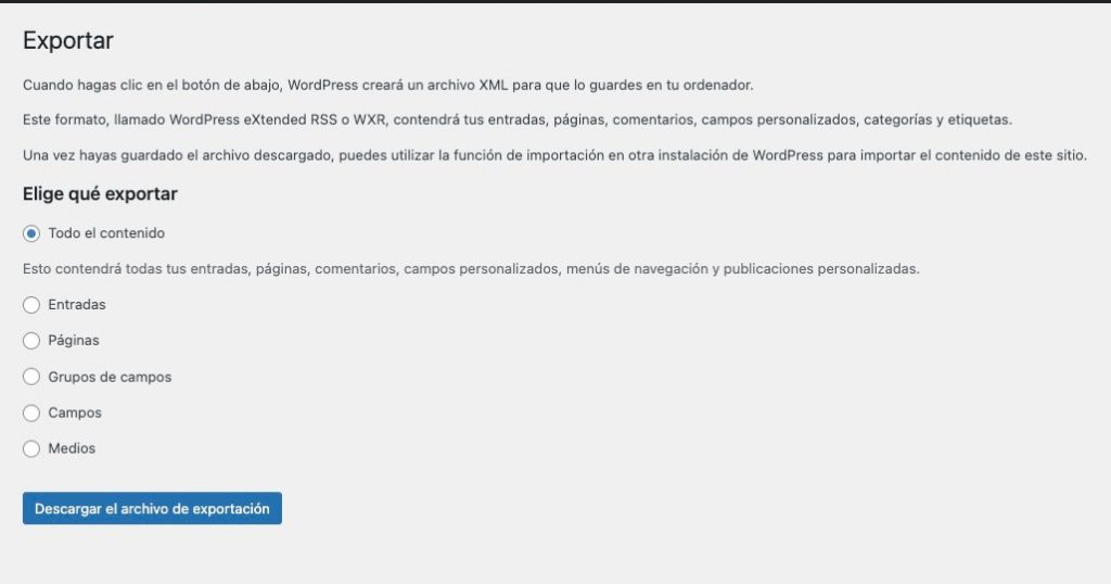 exportar el contenido de WordPress