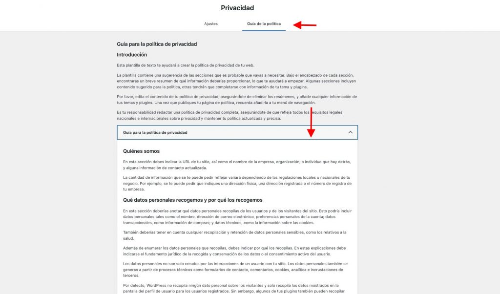 pagina de privacidad WordPress