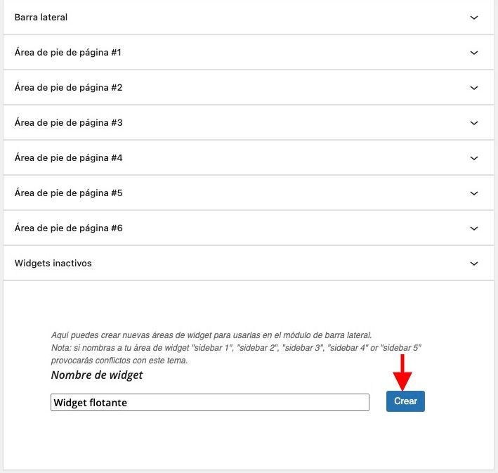 crear área de widget WordPress