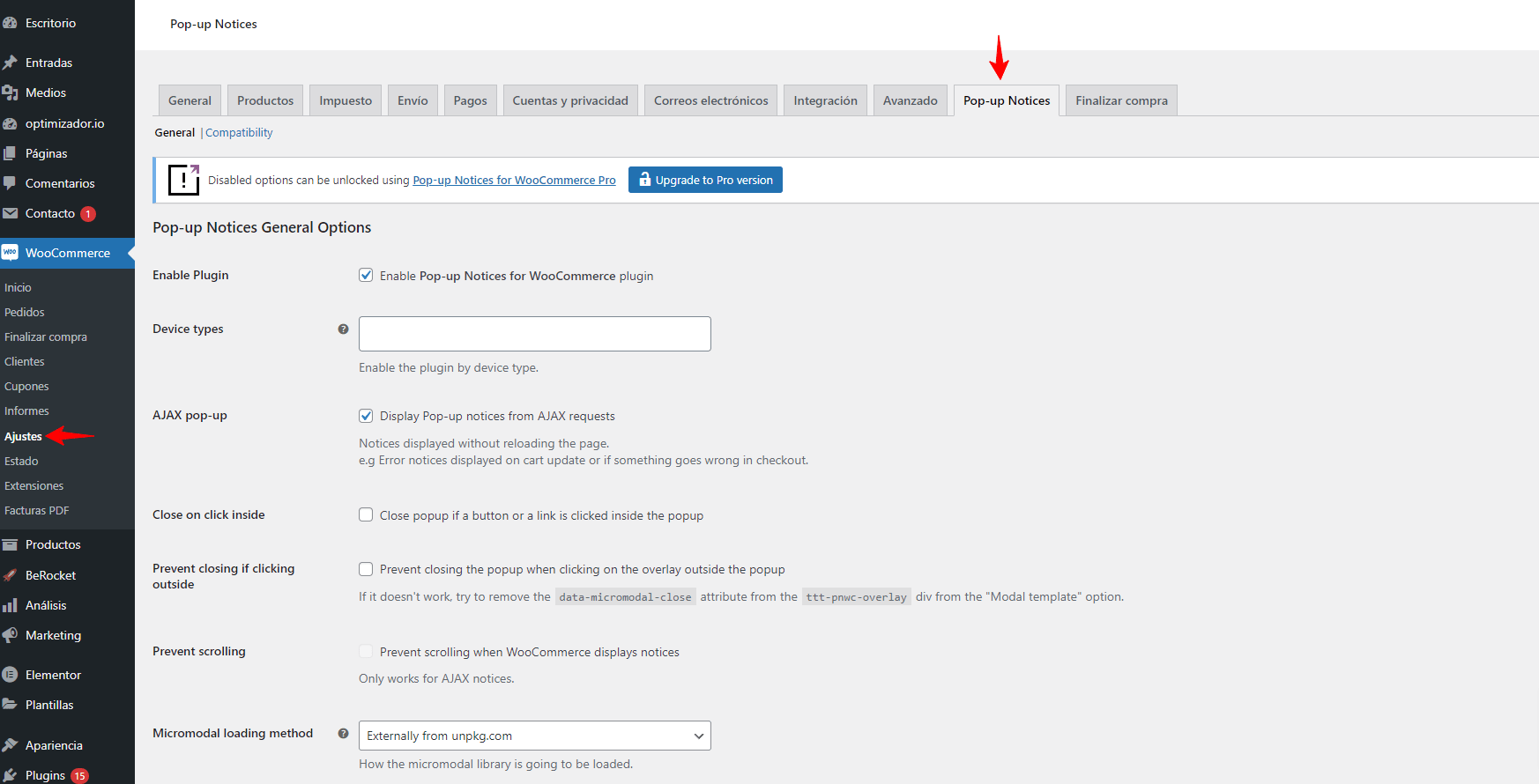 Ajustes de Pop-up notices woocomerce