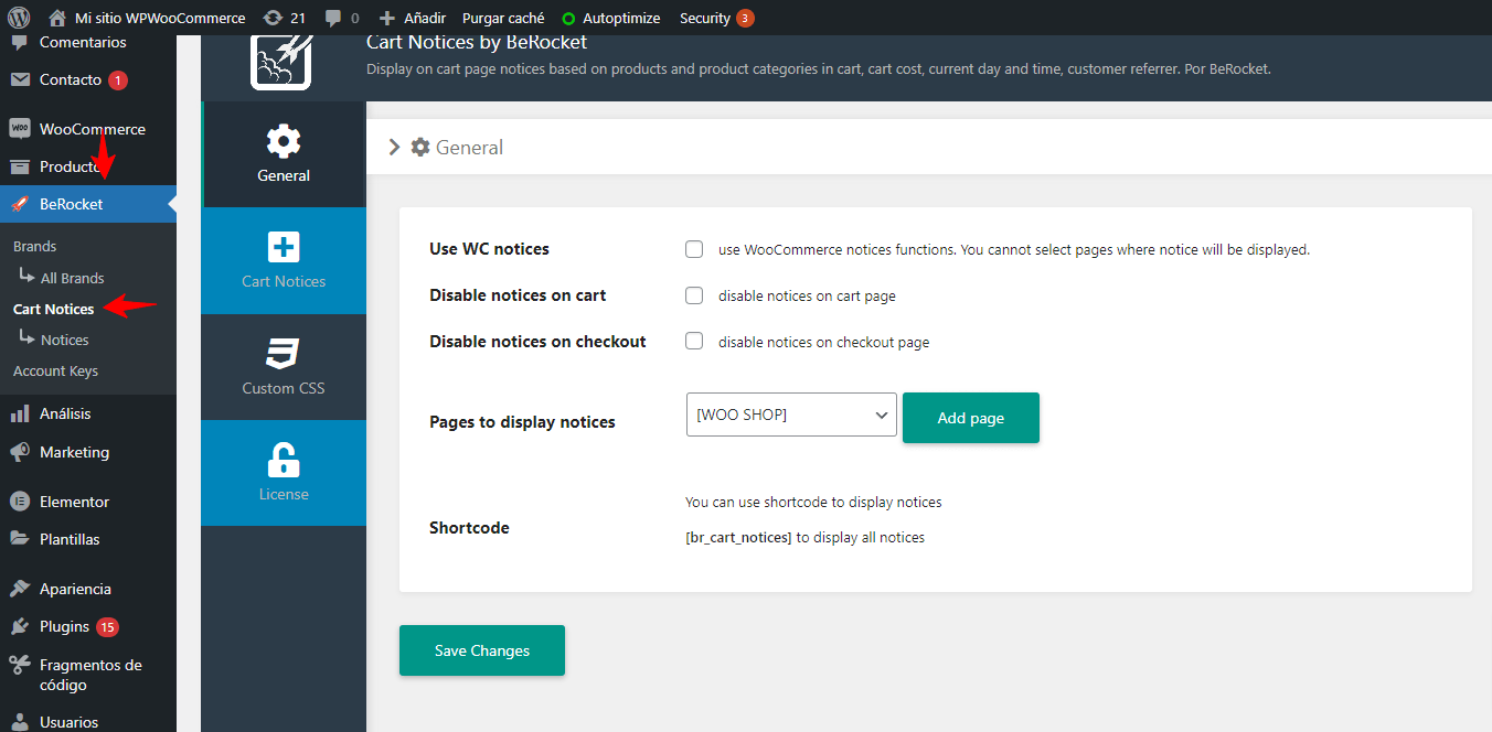 Cart Notices configuraciones WooCommerce