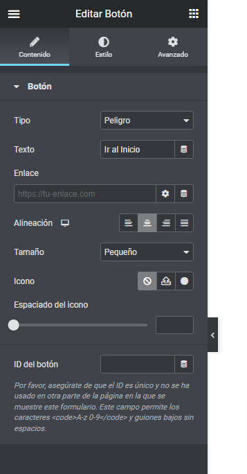 Contenido del boton en Elementor