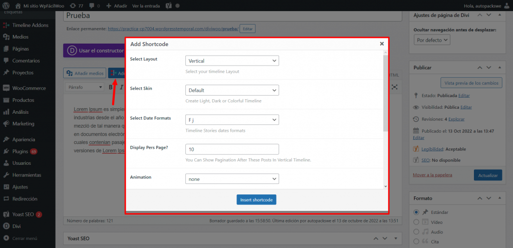 timeline editor clásico WordPress