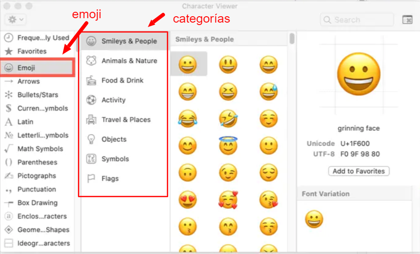 categorías de emojis