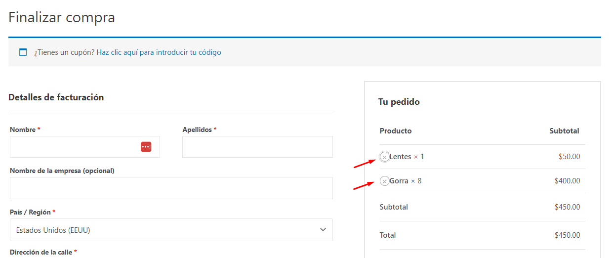 eliminar productos del checkout woocommerce