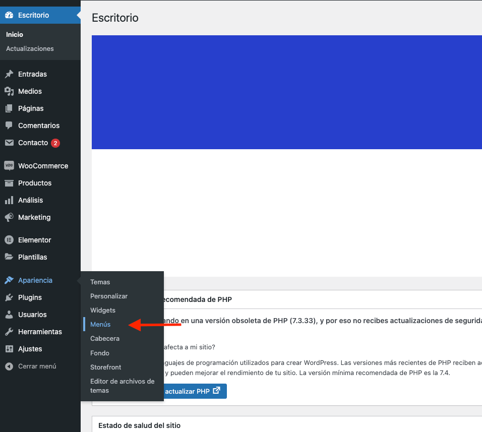 Acceso al menú de WordPress