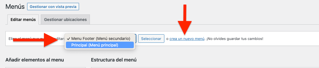 Barra seleccionar crear menú WordPress