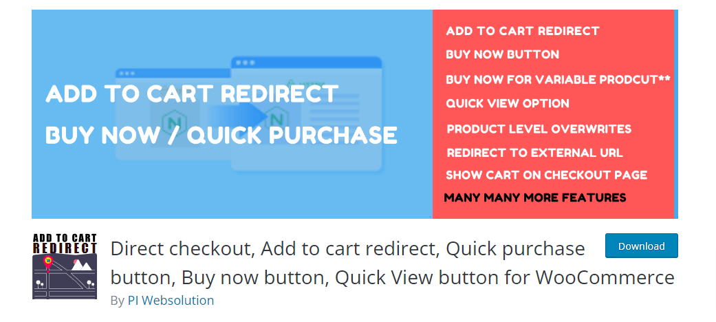 Direct checkout, Add to cart redirect, Quick purchase button, Buy now button, Quick View button for WooCommerce
