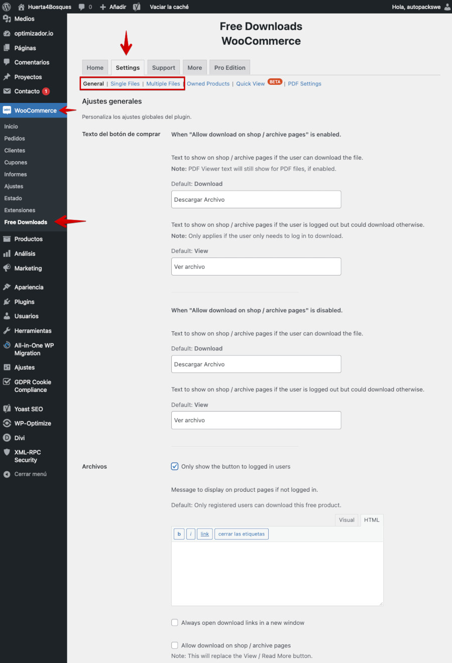 Configuraciones del plugin Free Downloads WooCommerce