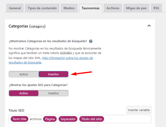 no index taxonomías yoast seo