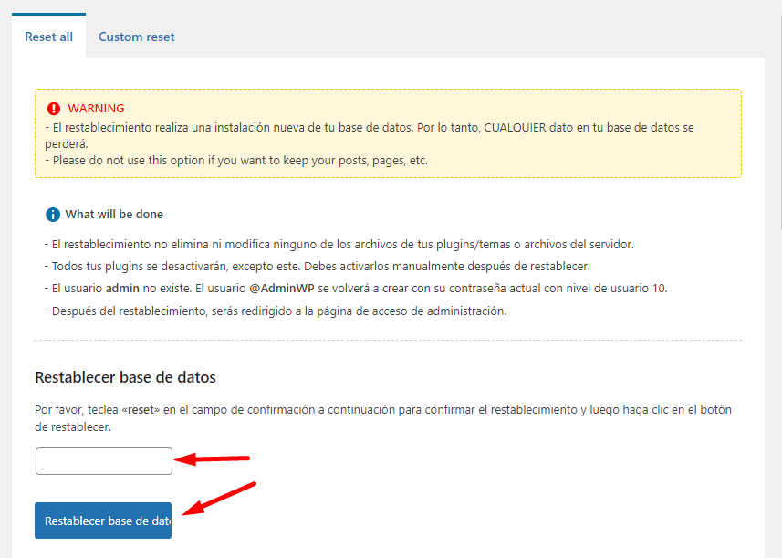 Configuracion plugin Advanced WordPress Reset