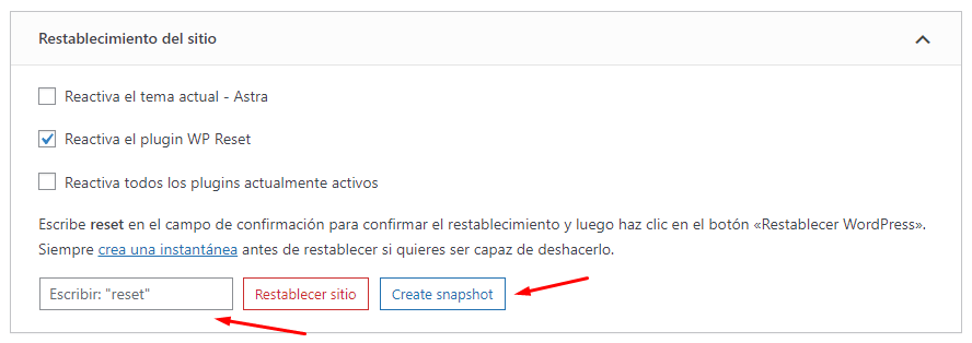 Restablecer con WP Reset