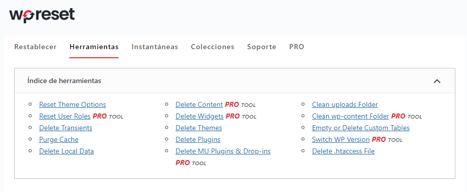 Herramientas de WP Reset