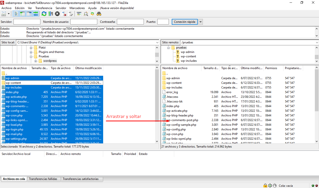 Transferir archivos de WordPress por FTP