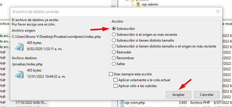 Sobrescribir archivos por FTP