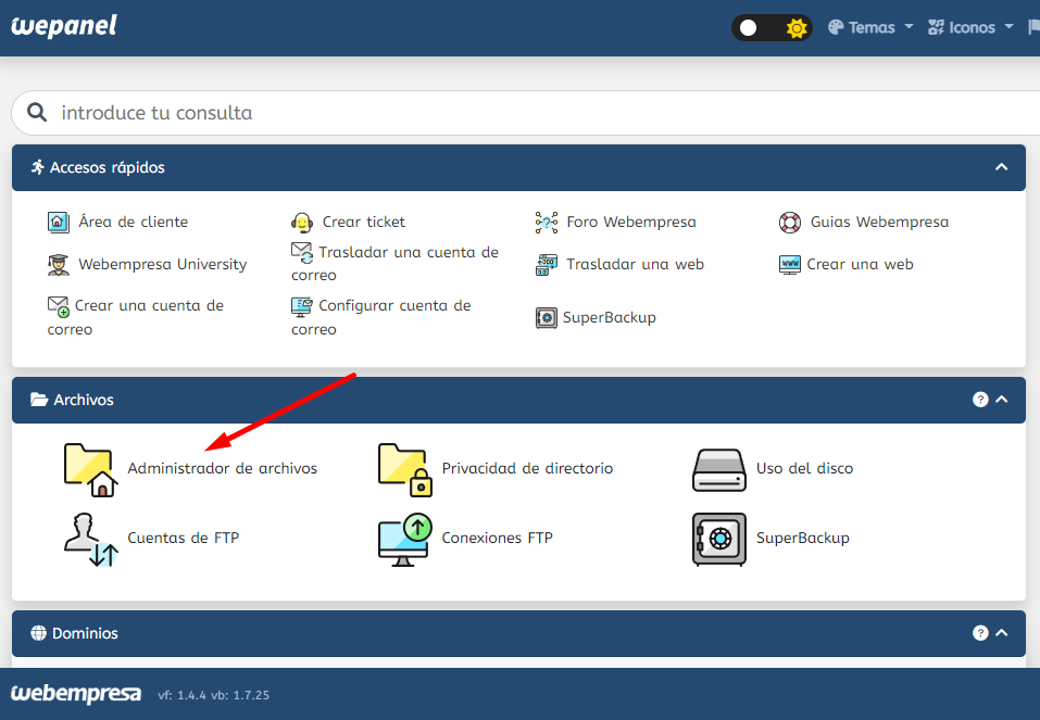 administrador de archivos en wepanel