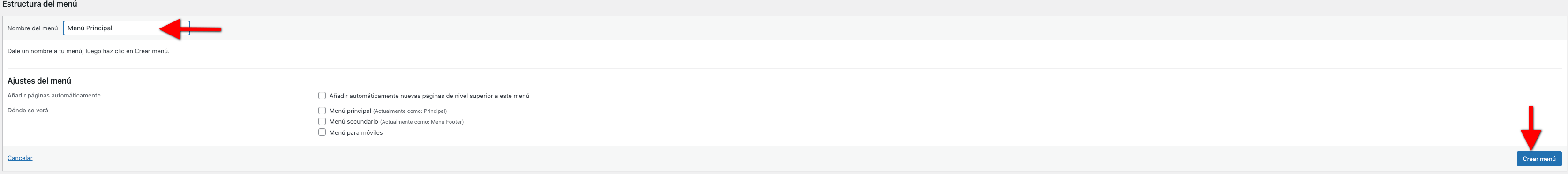 Crear menú principal WordPress