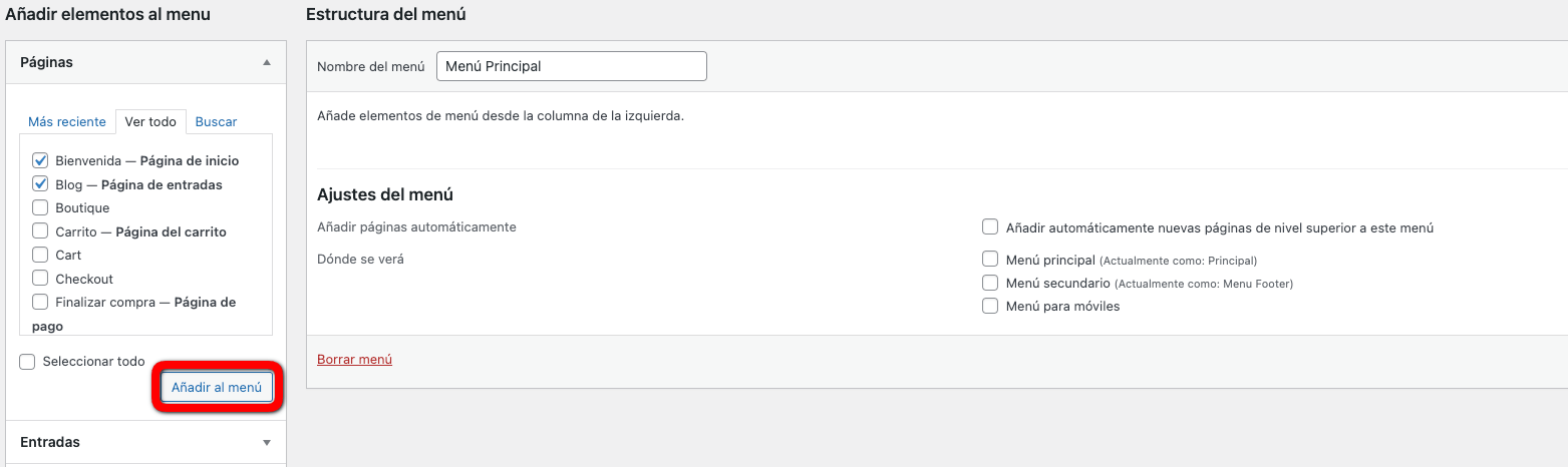 Añadir páginas al menú de WordPress