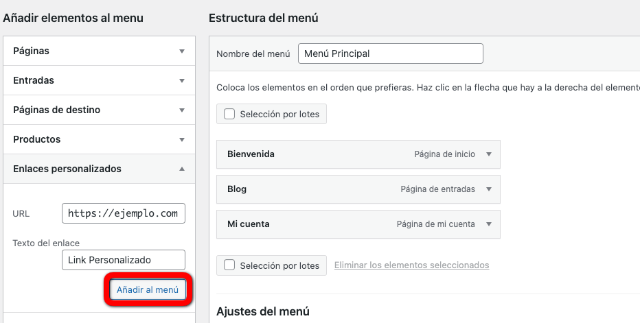 Crear enlace personalizado menu WordPress