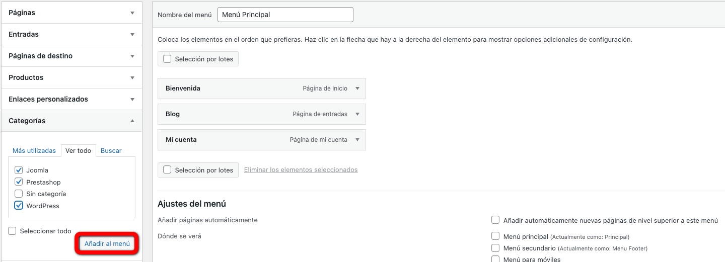 Añadir categorías al menú de WordPress