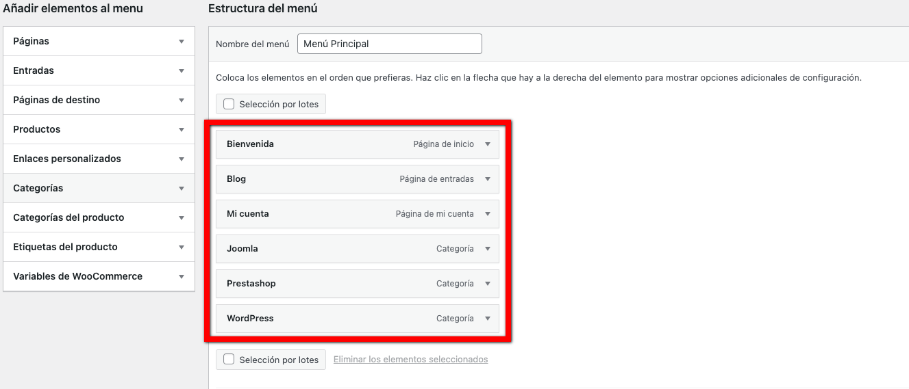 Listado elementos menú WordPress