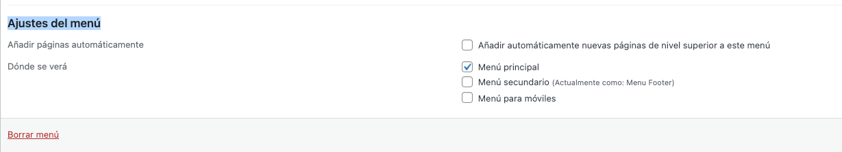 ajustes del menú en el editor de menús de WordPress