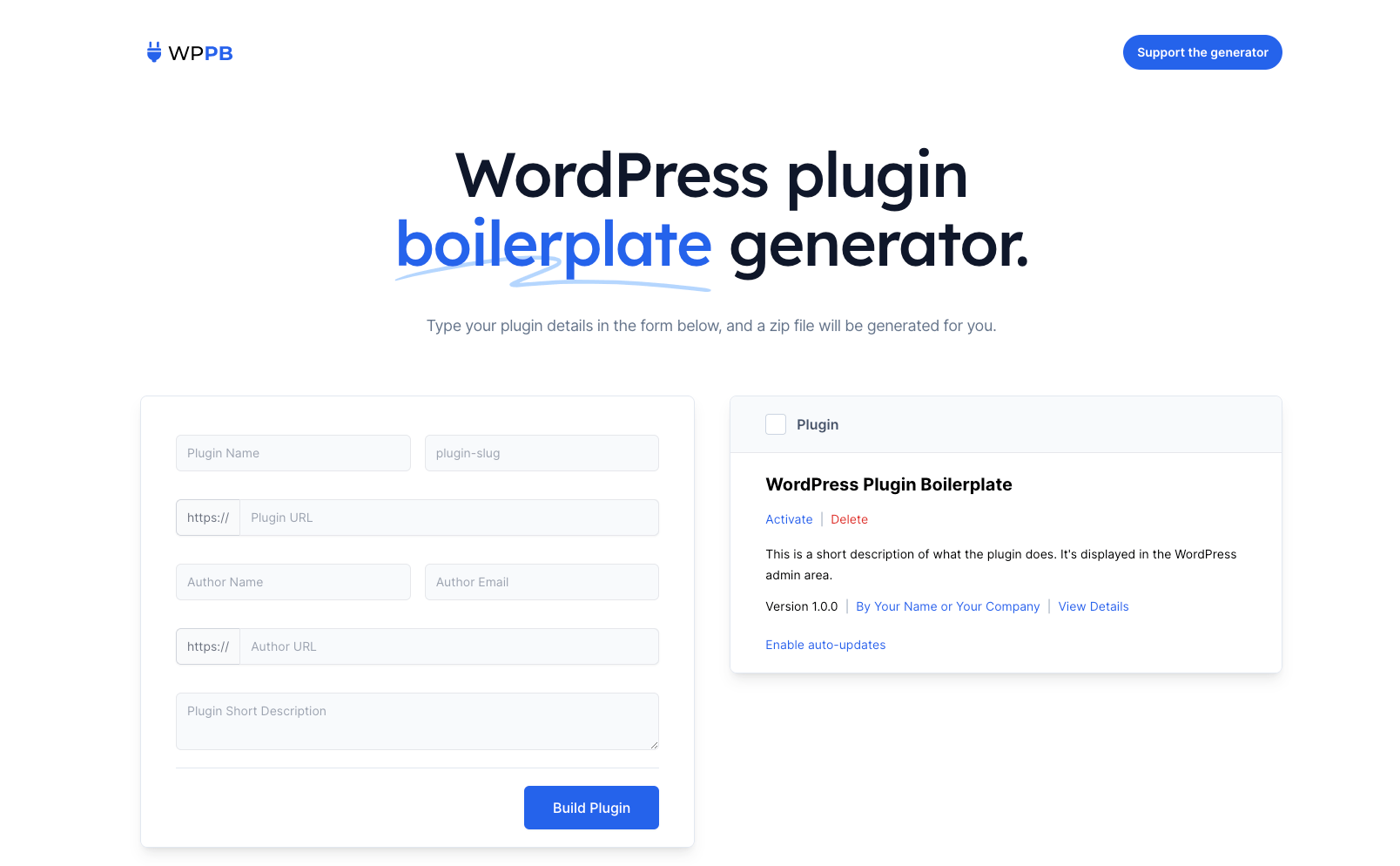 WordPress plugin boilerplate generator