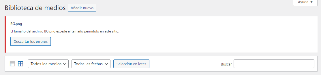 error biblioteca de medios de WordPress