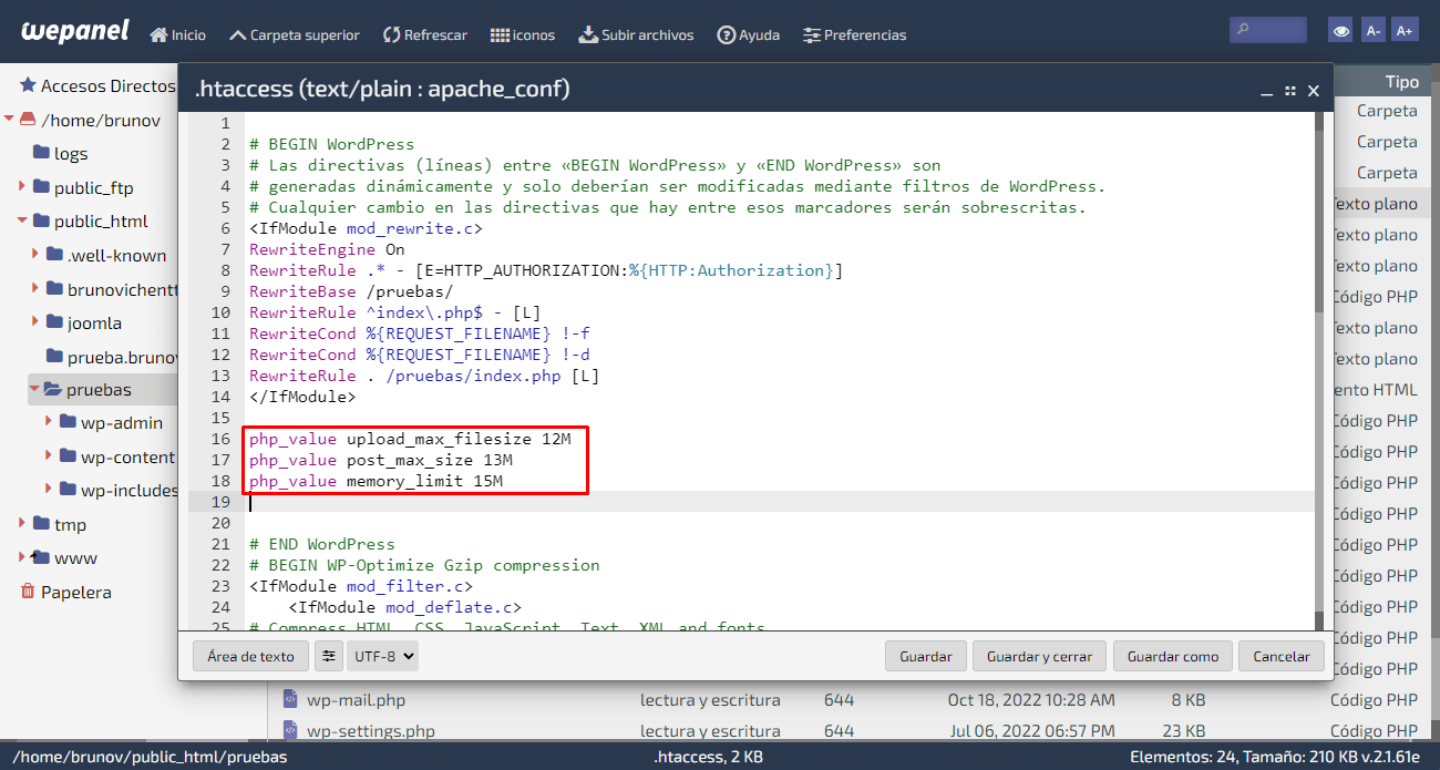 editar htaccess desde Wepanel