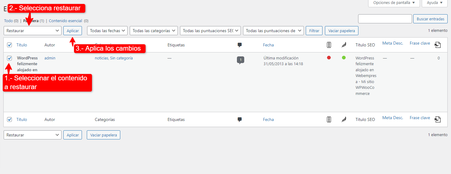 Restaurar entrada con acciones en lote de WordPress