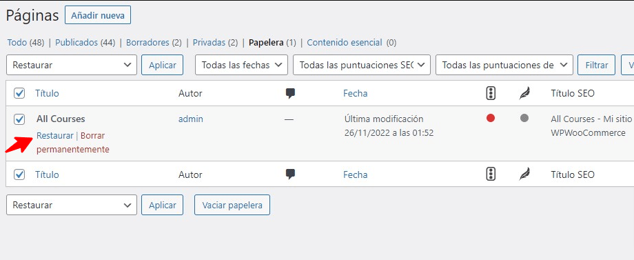 Restaurar una pagina dentro de la papelera de WordPress.png