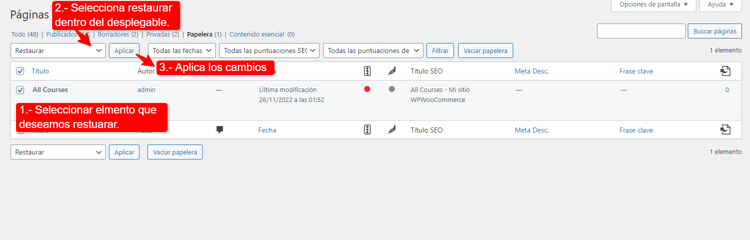 Restaurar una pagina dentro de la papelera de reciclaje de WordPress
