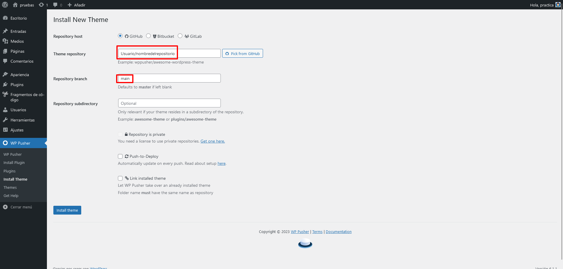 Datos para agregar tema en WordPress GitHub