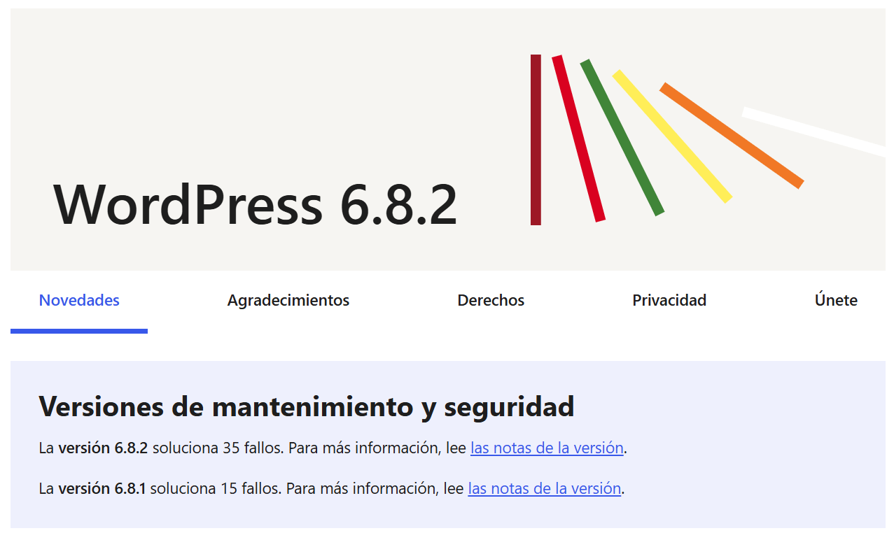 Vista bienvenida actualizacion WordPress