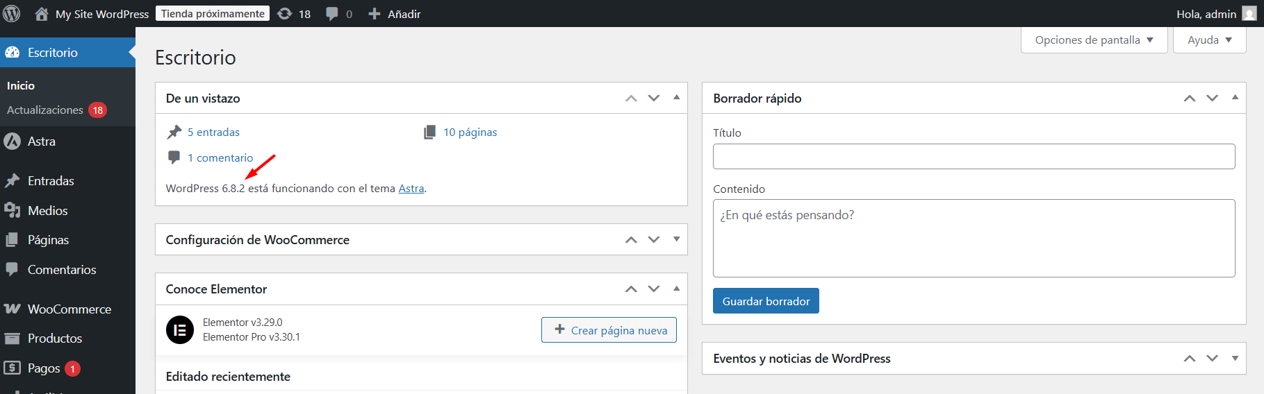 Versión de WordPress desde el escritorio principal