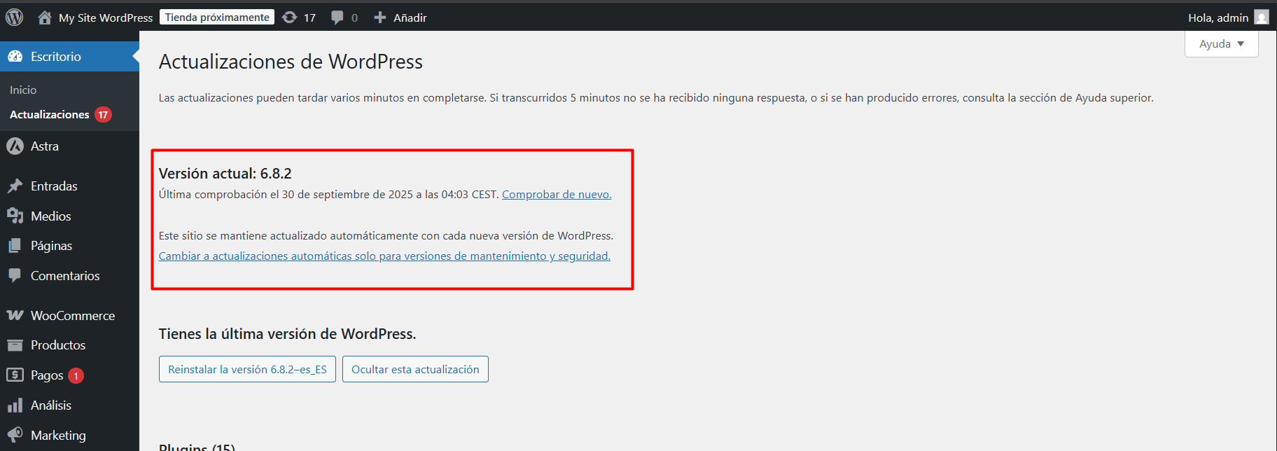 Apartado centra de las Actualizaciones de WordPress