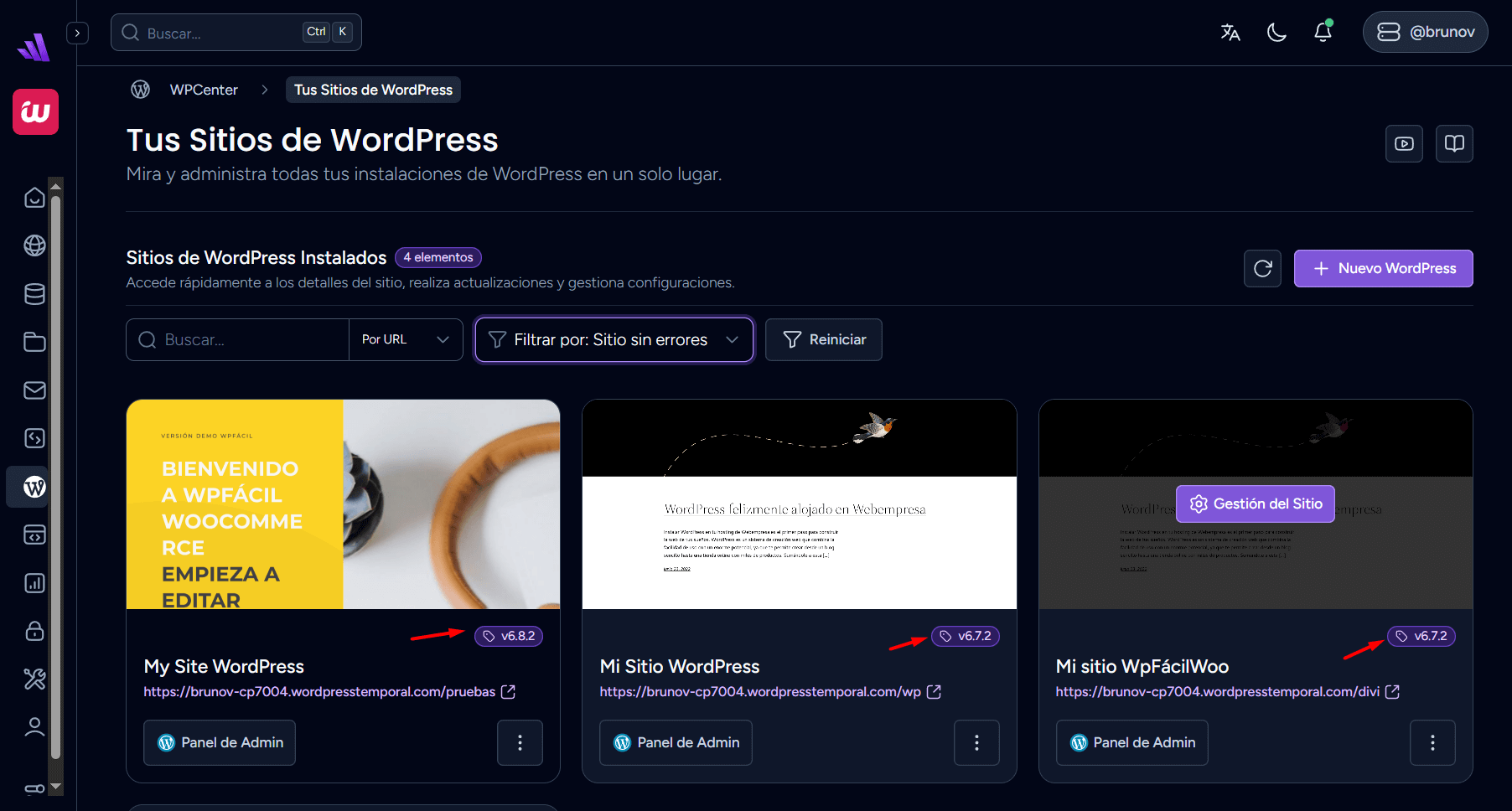 Ver versión de WordPress desde WP Center