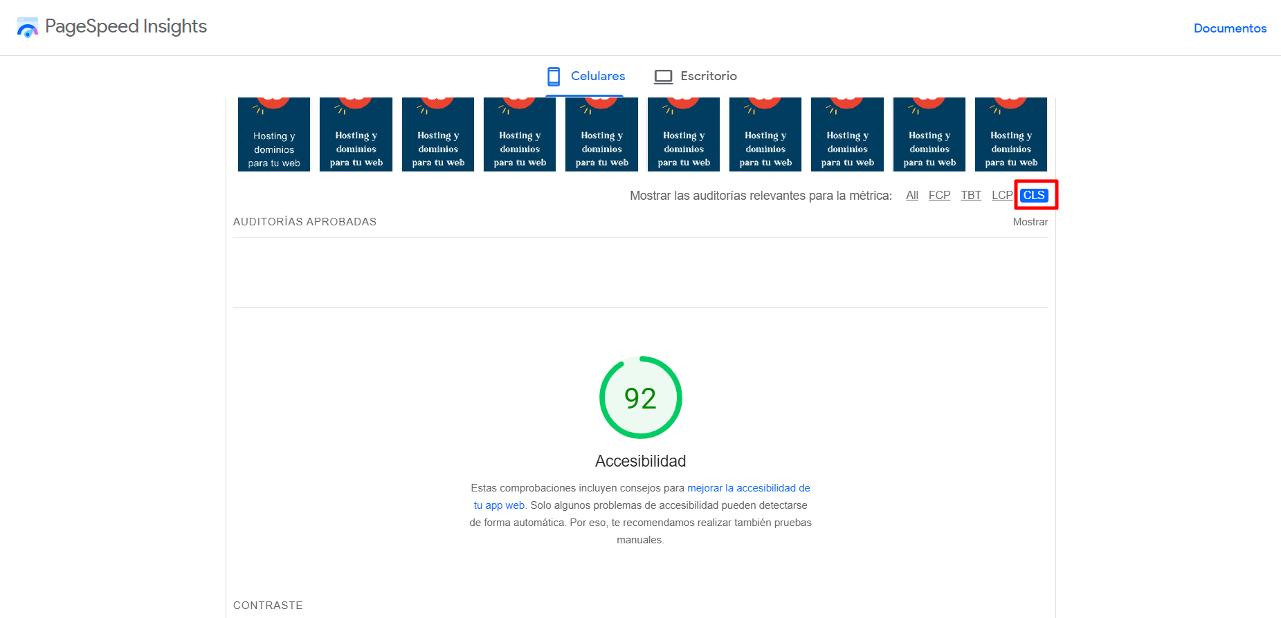 Opción de CLS en web vitals